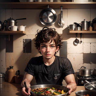 Cozinha antiga, cozinha bonita, fotografia, final da tarde, kitchen counter, stove, microondas, wooden board, rosto detalhado, rosto de menino, Looking at camera, cabelo curto, cabelo ruivo curto, {Vivizinho},  menino fantasiado de cozinheiro, menino 4 anos, menino Vivizinho, menino fantasiado de chef, olhos bonitos castanhos, cabelo curto, red and messy hair, muitos detalhes, late afternoon lighting --auto