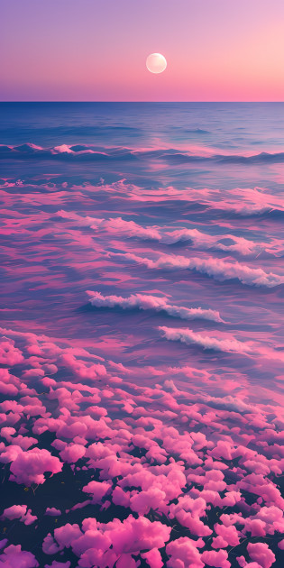 late sunset?Purple flowers grow on the beach, fluffy pink anime clouds, Pink clouds, cotton candy cloud, looking out at a pink ocean, vaporwave surreal ocean, vaporwave ocean, clouds and waves, ??clouds?Wings and waves, pink clouds in the sky, dramatic pink clouds, liquid clouds, pink clouds background, Glowing clouds, Pink sunset, Pink reflections