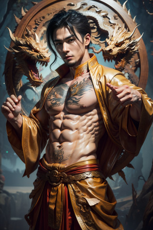 Handsome guy, 25 years old, Asian, master work, best picture quality, higher quality, high detail, super high resolution, (realistic: 1.4) 8k resolution, delicate facial features, boys, big muscles, tattoos, glowing eyes, short hair, gray hair, hair details, (full body: 0.6), detailed background , [[Look away, look to the side, emphasize homosexuality and pay attention to every detail , Open Hanfu transparent tulle jacket, naked chest, naked abs, white rubber pants, (crotch bulge), , Fa gong, Chinese kung fu, fingerless gloves, Wristbands, dragon themed costumes, monk robes, dynamic composition,,, wood, wood background, very much wood, wood around the body, dead wood, lots of branches background, Chinese wood carving, wood carving modeling crafts, holding wood carving magic vessels, night