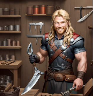 Thor,selling iron materials(knife,hammer,muli,pliers),in blacksmith shop,smiling,one thor,fix body,8k