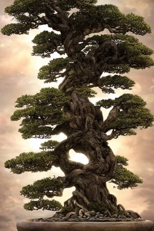 highly detailed, stunning image of a heavenly bonsai tree, stunning tree, ethereal, fairy lights, fireflies everywhere, divine bonsai, matte painting by Jordan Grimmer and Noah Bradley �h 448
