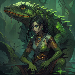 A lizard woman A villain for RPG inspired by a lizard A woman with the colors and elements of reptile, a reptile woman A villain who represents the essence of a reptile She is in a swamp with a lot of magic gases a dark place illustrating the image reptile skin and a dark and cold look represents the essence of a reptile in this character to illustrate An art for RPG A character for RPG A villain Medieval RPG RPG Art RPG fantasy RPG an illustration for RPG a digital art with cinematic lights a dramatic expressive art a work for rpg an illustration for the character of an ultra realistic reptile woman