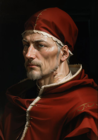 Leo X, Pope, Pope clothes, 16th century, renaissance, age of exploration, age of 40, age between middle-aged and old, man, Italian, great, Deep outline,impressive, intelligent, clever, taste, sophisticated, solemn, majesty, Machiavellian, serious, feeling unsafe, suspicious, frustrated, discontent