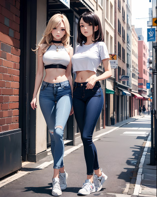 masterpiece, extremery magnificent view, perspective, extremery best quality, extremery detailed CG, 8k wallpaper, high resolution, highly detailed face, highly detailed eyes, perfect anatomy, super detailed skin,
(dynamic angle, dynamic pose:1.2), outdoors, street, city, (portrait, legs focus, full body), (beautiful face, beautiful eyes, beautiful legs:1.3), 
(3 girls next to each other), crop top, blouse, shirt, (blue denim pants:1.3), (skinny jeans pants:1,3), large breasts, skinny, slender, (navel:0.8), heel, sneaker, boots, wide hips, thin waist