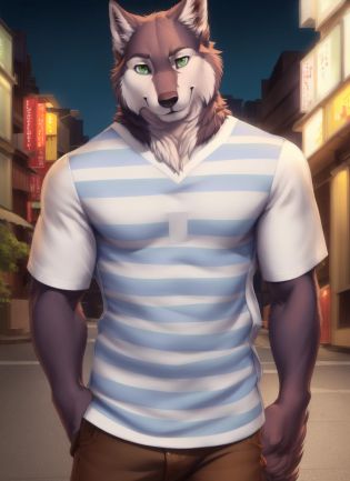 <lora:shoichiV2-07:1>, shoichi, solo, wolf tail, green eyes, (pose:1.3), (posing:1.3),  (soft shading), 4k, hi res, ((detailed face, detailed eyes, detailed)), (full body), by zackarry911, by zaush, (by personalami:0.5),  looking at viewer, smile, shirt, 1boy, upper body, short sleeves, male focus, striped, striped shirt, Tokyo, street, hand behind head, white sleeves