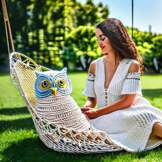 ((best quality)), ((masterpiece)), ((ultra realistic)), ((bright fantasy style)), beautiful intricately detailed soft, a beautyful women crocheting a beautiful owl macrame, sitting in rattan armchair in a sunny garden, (summer dress), soft facial features, highly detailed, professional, 8k, uhd, soft volumetric lighting, film grain, smooth, roughness, real life, soft warm vibrant color palette,