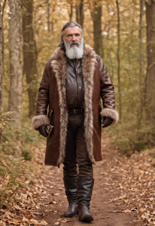 a 50 years old man with a long beard and a arch in his hand, hunter in the forest, all dressed with brown leather and brown furs, leather trousers, leather jacket , holding a hunting arch in one hand and and a hunting horn in the other hand, standing, full body picture, with a black horse and a black hound dog, high resolution, hyperdetailed, hyperealistic, sharp focus, photo realistic, intricate details,
