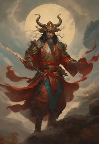 tmasterpiece?best qualtiy???????Detailed details?A painting of a man with a sword and a demon, beautiful male god of death, mohrbacher, inspired by Shunk?sai Hokush?, In the artistic style of Morebach, asura from chinese myth, the god of chaos, ????, Inspired by Ry?k?sai Jokei, in style of peter mohrbacher