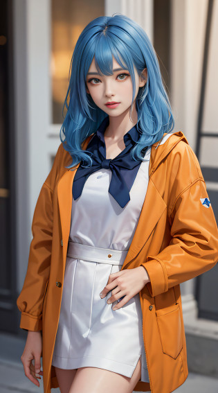 (masterpiece, best quality, 1girl, solo, fine detail, chromatic aberration), realistic, (medium breath)), long hair, sharp eyes, open coat, (symmetrical eyes), (perfectly symmetrical body), solid color background, looking at the audience, Guvez style artwork, realistic art style, wearing jacket and tie, (blue hair), orange jacket, loose coat leading sailor uniform, Cute casual streetwear, magical schoolboy uniform, brown jacket, casual clothing style, jacket, wear jacket, urzan, style anime, sakimichan, e-girl, cute cartoon style, e-girl, short jacket