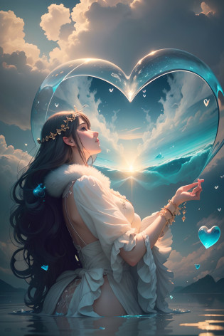 lovely double exposure image by blending together a man and a woman a stormy sea and a heart inside a glass mind. The sea should serve as the underlying backdrop, with its details subtly incorporated into the glossy glass mind, sharp focus, double exposure, glossy glass mind, (translucent glass figure of an heart) (sea inside) lifeless, dead, glass mind, earthy colors, decadence, intricate design, hyper realistic, high definition, extremely detailed, dark softbox image, raytracing, cinematic, HDR, photorealistic (double exposure:1.1), many more small hear shaped water drops.Cotton Candy Queen Women Goddess 8k Resolution Rendered Hyper Realistic Intricate Detail lives in an frosty heart shaped ice bubble, a fanciful place filled with castles, cotton candy, swans lakes and fluffy clouds, An intricate visual representation of computer programing, rendered in 24k resolution with intricate details and symbols.