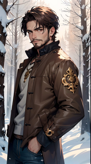 male:1.5, muscle, 1boy, big muscle, pectoral, big pectoral,  muscular, Mature man,45 year old man,adult,1 man, old macho man,perfect body,an extremely delicate and beautiful detailed face, (((brown_eyes:1.3))),intricate eyes,beautiful detailed eyes,symmetrical eyes,short hair,(((red very short beard, red very short beard))), gold eyes, red hair,perfect face, red hair, nice hair style,(perfect hands, five fingers), perfect proportions, ((detailed face)), 

smile,expressive eyes,   

(ultra-detailed:1.3), beautiful detailed glow,  finely detailed, ultra-detailed, 

 arabian,elegant,

(open coat, arabian fashion,arabian coat, jeans,white shirt,  masculine features, modern style,arabian clothes),(((dark brown coat, dark brown coat outfit, wearing a dark brown coat:1.3,arabian dark brown coat))),(arabian jewelry,intricate necklace),(((intricate outfit,intricate clothes,ornate outfit))),

(dynamic pose:1.0),embarrassed,(centered,scale to fit dimensions,Rule of thirds),

((snowy pine forest at night)),with dark stormy clouds,winter,scenery:1.25,((snow forest background)),Christmas tree,

highres,sharp focus,(ultra detailed,extremely detailed),(photorealistic artwork:1.37),(extremely detailed CG unity 8k wallpaper),(((vibrant colors,vibrant theme))),(intricate),(masterpiece),(best quality),