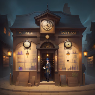 A beautiful boy with black hair in a black kimono standing in front of a store?Illustration of a storefront with a clock and many bottles, Magic Shop, Inside the shop of beautiful boys in kimonos standing in front of an old demon house, Background of Magic Lab, Setting Up Magic Lab, Magic Weapon Shop Window, magical concept art, It's in the wizard's shop, MAGIC LIBRARY, magical items, concept art magical highlight, Magic Mystery World, a wizard's apothecary, partial