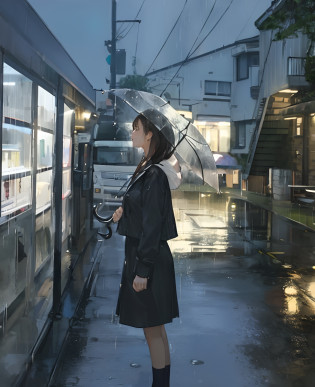 woman standing on a wet sidewalk with an umbrella in the rain, brown hair, long hair, rainy mood, rainy day, rainy evening, rainy afternoon, on a rainy day, rainy weather, rain aesthetic, bus stop on a rainy day, raining outside, photo pinterest, lofi girl, in the rain, raining, pretty girl standing in the rain, rainy outside, under rain, rainy day outside