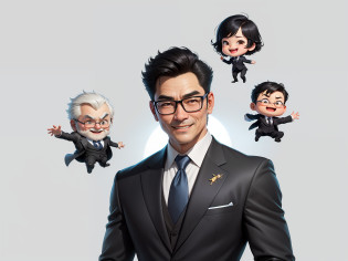 (Masterpiece), (Excellent), (Super Meticulous), (Full Body: 1.2), 1girl, Chibi, Cute, Smile, Open Mouth, Taiwanese middle-aged uncle male portrait, extremely detailed face, black hair, (super short hair) middle-aged handsome uncle, Taiwanese man, silver glasses, slightly chubby face, very clean face, black super short hair, black eyes, black suit, blue tie, confident smile, digital painting, film, character design of Mark Laydon and Pixar and Hayao Miyazaki, the illustration is a high-definition illustration in 4K resolution, With very detailed facial features and cartoon-style visuals.
