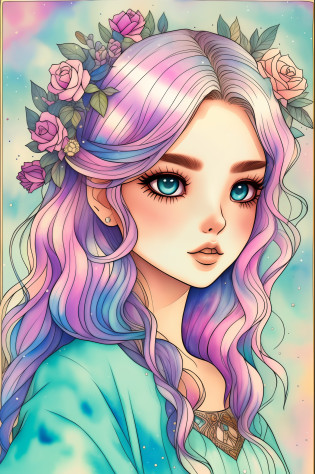 Watercolor beautiful magic beautiful Goddess Mystic, heart flowing, moldura vintage, Com asas de anjo, Penalty shootout, estrelas, Rosas, ..lua, Frente, Fantasy Illustration, rosto perfeito, com rosto bonito e com estrelas, cabelo bonito claro, olhos castanho perfeitos, luz dourada, vivid vibrant colors, detalhe intrincado, hiper detalhado, hiper qualidade, 32k, Motor irreal, isolado no fundo branco, kawaii, Clipart, Arte de Fantasia