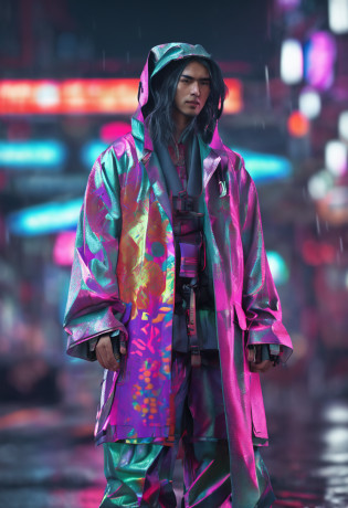 Alavid image of a man in a raincoat and pants, highly detailed kimono, stylish coat for a rave, clothing concept, trigger anime artstyle, wearing japanese techwear, hyperreal rendering, techwear look and clothes, digital art render, realistically rendered clothing, cyberpunk streetwear, inspired by Russell Dongjun Lu, Carnival coat, Longing for overseas