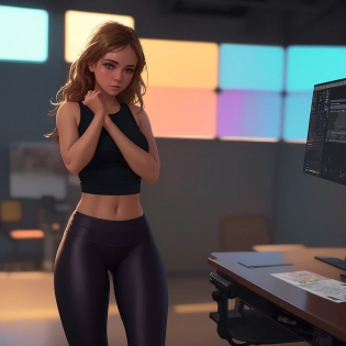 one girl posing in the office, just body, butt in yoga pants, office environment, colorful, saturated, (ultra detailed face and eyes:1. 1), (album art:1. 1), nostalgia, (cinematic:1. 5), moody, dramatic lighting, (photo:0. 6), majestic, oil painting, high detail, soft focus, (neon:0. 7), golden hour, bokeh, (centered:1. 5), (rough brushstrokes:1. 3), (concept art:1. 5), rimlight