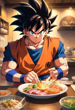 Dragon Ball Goku?Great ape, full body portrait?of a real?Facial features are carefully depicted?Realistic skin texture?Dark style?depth of fields?high light?Real light?Ray traching?oc rendered?Hyper-realistic?best qualtiy?8K?Works of masters?super-fine?Detailed pubic hair?Correct anatomy?sharp focus on eyes?facial features are carefully depicted. Goku Disfrutando de Fideos Chinos en un Restaurante