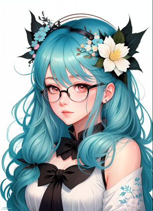 drawing of a woman with blue hair and glasses with flowers in her hair, 2 d anime style, decora inspired illustrations, inspired by Yumihiko Amano, anime girl with teal hair, anime style portrait, beautiful anime art style, portrait of jinx from arcane, manga art style, anime style illustration, anime art style, anime style art, anime styled, beautiful line art, detailed manga style, extremely fine ink lineart, black and white manga style, black and white line art, ink manga drawing, intense line art, pencil and ink manga drawing, intense black line art, in style of manga, exquisite line art, perfect lineart,exquisite line art, exquisite digital illustration, detailed digital drawing, black and white coloring, digital anime illustration, a beautiful artwork illustration, detailed matte fantasy portrait, beautiful line art, great digital art with details, goddess. extremely high detail, 4k detailed digital art, stunning digital illustration