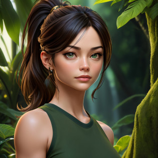Kristin Kreuk, brunette, ponytail, avec de jolis yeux verts, portant un T-shirt crop vert et un short, dans une jungle luxuriante, avec une cascade au fond, Best quality, 8k, detailed skin texture, detailed cloth texture, beautifull detailed face, intricate high detail, Ultra detailed. Beautiful lighting and cinematographic composition make this piece a true masterpiece, Drew Struzan Style. golden ratio. seen from far away.