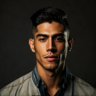 a hispanic man, short hair, 25 year old, handsome face with high detail, looking to the viewer, full length shot by the Fujifilm X-Pro3 and XF 23mm f/1. 4 R lens, dark studio, rim lighting, 8K resolution, yultra photorealistic, maasterpiece