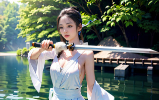 There was a woman holding a sword in front of a body of water, White Hanfu, she is holding a katana sword, holding a sword on her shoulder, she is holding a sword, The long sword in her hand, posing with a sword, Holding a long sword, with large sword, inspired by Zhang Yan, beautiful sword, inspired by Chen Yifei