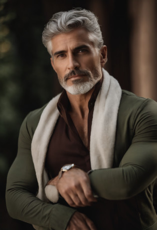 anjEstavaDescription of the Man with Imposing Appearance: Diante de mim, A man of magnetic and imposing presence emerges, A figure that commands instant attention. Her gray hair gives a distinct touch of maturity to her appearance, while a carefully modeled goatee accentuates its striking features. This combination of traits reveals a unique blend of wisdom and vigor. Every muscle in your body is meticulously toned and defined, The result of years of tireless dedication to physical training. Os contornos esculturais de seus ombros, Chest and arms reflect his relentless pursuit of athletic excellence. Your posture is a natural extension of your inner strength, Conveying trust and authority. He wears tight knit pants that fit perfectly to the contours of his muscles, displaying his athletic form with pride. The absence of a shirt reveals sun-tanned skin, in which each scar and brand tells a story of challenges overcome and lived experiences. Their green eyes are like shimmering gems, profundos e penetrantes, revealing an emotional intensity that is balanced by an intrinsic serenity. Esses olhos capturam a luz do ambiente, reflecting a color palette that seems to dance in its depth. This man's presence is a combination of strength and subtlety, a symphony of features that captivate and inspire. Its imposing appearance is complemented by an aura of recognition and understanding, inviting others to connect not only with your appearance, but also with the history that his green eyes silently express.