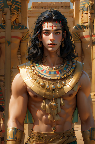 1 man?Man with long black hair?Egyptian attire?Egyptian dress-up?Young men?Egyptian attire?Egyptian dress-up?Black eyes?Elaborate Eyes?beauitful face?Stand by the lotus pond?Meticulous CG?Movie images?skin is smooth and fair?super high image quality?Egyptian pharaoh?Traditional Egyptian black eyeliner?Hold the Pharaoh's scepter?Egyptian sun god