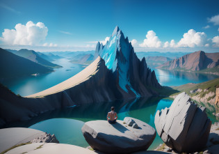 WU WEI | O Poder do vazio e do nada, UM HOMEM MEDITANDO EM CIMA DE UMA PEDRA GIGANTE EM MEIO AO NADA COM UM LAGO LINDO AZUL ESVERDEADO , CORES VIBRANTES