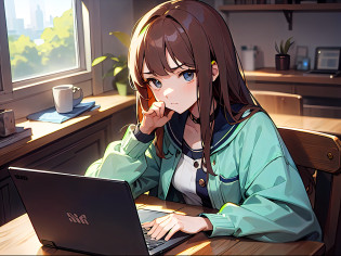 s Office?Adult woman in anime using laptop((Using a laptop on the table))?25-years old?Upper body, mid-shot, femele, Detailed eyes, ((Beautiful woman using laptop)), ,Semi-long hair, Brown hair, Bangs,Everyday clothes?Clothes without a collar?Fashionable?Long sleeves,?frontage? Troubled face?pondering?look up at the ceiling