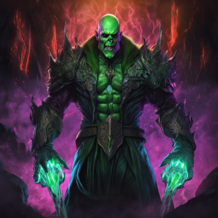 Best quality, masterpiece, ultra high res,detailed background,realistic,hadesstyle,solo,male,mature,bara,muscular,mature male,short hair,facial hair,wizard,necromancer,skull,green fire,horror \(theme\),dark fantasy,evil,cape,depth of field