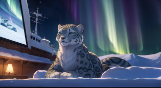 Furry Fur?Furry snow leopard?Lovely image?snow leopard?Cute furry?Research ship?Beautiful aurora, Long, Fluffy tail?In the Arctic?The ship is brightly lit?Cubs?is in night?nigh sky, Winters?stars?Close-up of cute characters