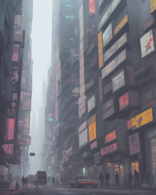 There is a painting of a city street?There are a lot of buildings, hyper realistic cyberpunk city, busy cyberpunk metropolis, kowloon cyberpunk cityscape, dirty cyberpunk city, kowloon cyberpunk, at cyberpunk city, Cyberpunk city, cyberpunk city landscape, in a futuristic cyberpunk city, cyberpunk city landscape, cyberpunk in a cyberpunk city, In a cyberpunk city, Sci-Fi Cyberpunk City Street