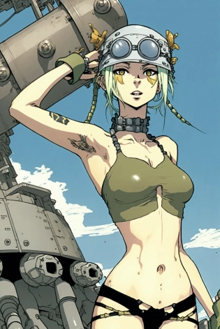 Hyighly-detailed graphic novel illustration, punk cute girl mecha jokey in the Tank Girl comic style, She is holds on to her open military battle mecha robot, about to get in to the open cockpit, She wears a hyper-detailed and smooth, symbiotic body-tight jumpsuit, holds a futuristic helmet in her arm, The Olive-green mecha shows signs of wear, has battle patches, In the style of Jamie Hewlett, Gorillaz, Ashley Wood, artstation, comic art, Hyper-detailed, Super-Resolution, --no text, signatures, logo, comic cover --q 5 --ar 2:3 --v 4 --s 50 --c 70