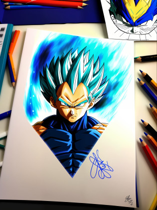 a closeup of a drawing of a blue haired goku, high quality colored sketch, vegeta, with vegeta head hair, super saiyan blue, an anime drawing, portrait of Vegeta, high quality fanart, inspired by Toriyama Sekien, dragonball character, Vegeta of dragon ball, anime drawing, highly detailed portrait of Vegeta, colorful drawing,  Prince Vegeta.