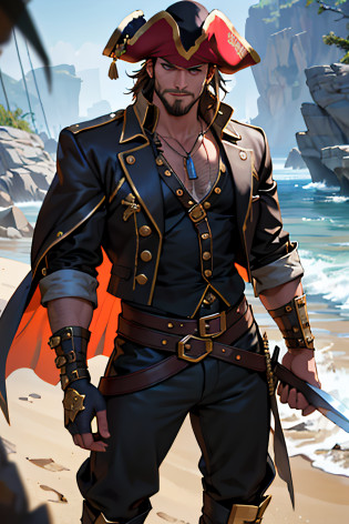 The image depicts a male pirate, with a robust and adventurous appearance, stepping firmly on top of a chest of gold. He wears typical pirate costumes, including a long-sleeved shirt and a pirate-style jacket, adorned with leather accents and gold buttons. He wears baggy pants, also with leather details, and high boots. The pirate deftly wields a sword in his left hand, while his right hand is raised high, holding a brown bottle of rum. His face is marked by a thick, shaggy beard, and his gaze is determined and defiant. It conveys a sense of confidence and boldness. The lighting of the photo is carefully adjusted to highlight the pirate and the golden chest. The shadows are intensified to provide depth and dimension to the scene, emphasizing the dominant presence of the pirate. Volumetric lighting is applied to create a dramatic and engaging effect. The depth of field is adjusted to keep the focus sharp on the pirate and the golden chest, while the background is slightly blurred, underscoring the main character's prominence. The use of a shallow depth of field allows the details of the pirate and the chest to be clearly visible and captured in high quality. The image is produced with a high quality resolution, with incredible detail and vibrant colors. The details of the gold chest are represented with realistic textures, showing the brilliance of the gold and the dimensions of the object. The colors are rich and contrasting, with shades of brown and gold, reinforcing the sense of wealth and treasure.