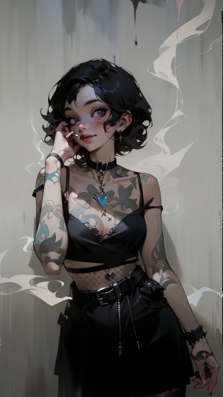 araffed woman in a black dress smoking a cigarette, goth girl aesthetic, darkwave goth aesthetic, goth aesthetic, grunge aesthetic!!!, grunge aesthetic, wearing black choker, goth vibe, grunge aesthetic!!! (, dark aesthetic, croptop, 1 7 - year - old goth girl, dark short curly hair smiling, bralette, black bra, tiny black bra