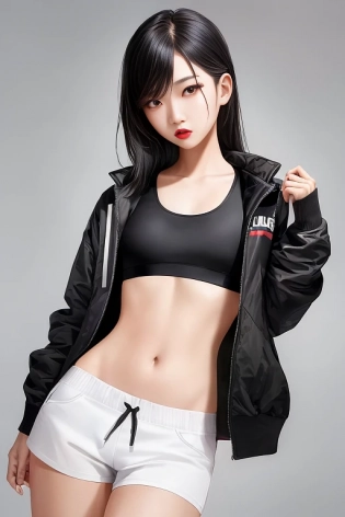 (1girl), (full body), Beautiful Korean girl, kpop idol, (wearing a cropped jacket, sports bra, running shorts), (red lips), (small breasts), (toned stomach), dramatic lighting, (photo realism:1. 4), symmetrical eyes, (aegyo sal:1), (eyelashes:1. 1), (beautifully detailed face, beautiful detailed eyes), realistic, sharp focus, HD, highly detailed, intricate, photography, hyperrealism, hyperrealistic, raytracing, physics-based rendering