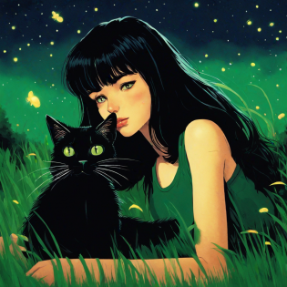 1992, a black cat and a brunnete girl with bangs, laying down on the fresh grass at nigth, staring at the nigth sky, aerial shot, fireflies, green grass, young brunnete, black cat, retro, 90's, realistic