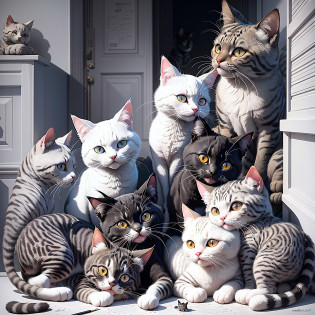 a black and white drawing of cats surrounded by other cats, cats, catscatscats, cats! are around, cat design, line art colouring page, cats party, cats cat dreamcats, catss, cute cats, !!!! cat!!!!, !!! cat!!!, acrace catoon, cute detailed artwork, doodle art, line - art, cat detailed --auto --s2