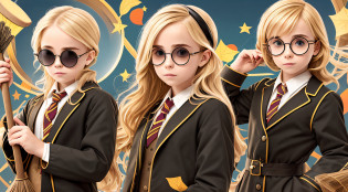 blonde boy with sunglasses holding a broom and a broomstick, broom, girl wearing round glasses, wearing big black circle glasses, round potter glasses, girl with glasses, snatching wild blonde hair, with sunglasses, round black glasses, wearing round glasses, circular glasses, round glasses, funny sunglasses, hair over eyes,  Photo shoot, she wears Harry Potter glasses --auto --s2