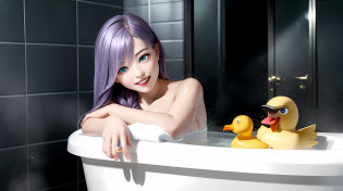 ?masterpiece?(Photorealsitic:1.4)?top-quality?beautiful  lighting?(ulzzang-6500:0.5)?Makima \(chain saw man\)?(Bob hair)+(A dark-haired)+(bangss)?blue eyess?blue eyess?laugh?((Ring-shaped eyes))?RAW Photography?8k UHD?film grains?Starlight Glimmer?Starlight Glimmer from My Little Pony?Starlight Glimmer as a girl?Gorgeous hair?lush hair?Lying in the bathroom?Spread your legs?Lots of white foam?bath room?Rubber duck?washcloth?soap?wetting hair?Water at waist depth?White foam everywhere?steams?bathing