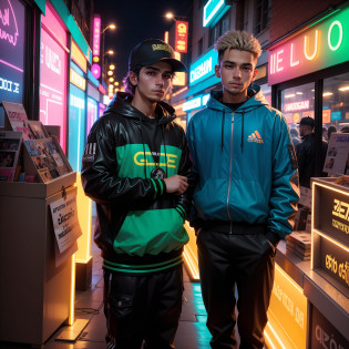 25-year-old man in blue jacket and black pants standing in a neon shop, neon iluminado, neon jungle, teddy fresh, neon vibes, luzes neon e adiciona, Foto de um ensaio promocional, Retrato no meio da foto, neon lights in the background oriental letters, thick neon lights, foto promocional, com luzes neon, sythwave, Cidade oriental Neon ao fundo, aesthetic shot, rosto bem detalhado 4k HD, brincos, rua adidas, corte de cabelo degrade,  cavanhaque, brincos de argola, olhar forte, boca bem detalhada maos bem detalhadas