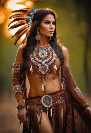 Native American beauty in dance poses, luxurious leather ponchos embroidered with intricate embroidery, flowing tulle, feather hair ornaments, war bonnet, tattoo, brown skin, Indian jewelry, Native American pattern, transparent and long colorful ubert on arms, navel ribbons, shoulders, necks, arm ring ribbons, wreaths, bracelets, anklets, Metal chain tassel around waist, sun god background, ink wash, popular CGSTATION, masterpiece, recent quality, high resolution details, 32K