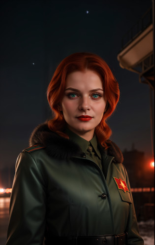 ((Hyper Realistic Style, 16K, Masterpiece)), Woman with Heterochromia (One Blue and One Green Eye), Immersed in the Soviet Era, Soviet Night Witches Military Attire, Embodying the Spirit of Fearless Nighttime Aviators, Authentic Soviet Landscape, Transporting to the Heart of Soviet History, Intricate Military Uniform Design, Showcasing the Craftsmanship of Soviet Military Attire, Meticulous Attention to Soviet-Era Details, Reflecting the Dedication to Historical Authenticity, Reddish Hair with Subtle Hints of Rebellion, Adding a Touch of Defiance to the Soviet Aesthetic, Gaze of Determination and Strength, Capturing the Grit and Courage of Soviet Women, Nighttime Skies Over Soviet Territory, Setting the Stage for Nocturnal Missions, Soviet Era Nostalgia, Conveying the Sentiments of a Bygone Era, Realistic Fabric Textures, Evoking the Feel of Soviet Clothing, Soft Moonlight Illumination, Enhancing the Atmosphere of Soviet Nights, Historical Accuracy in Every Stitch, Capturing the Essence of Soviet Fashion, Intricacies of Night Witches' Uniforms, Showcasing the Legacy of Brave Aviators, Meticulous Soviet Fashion Details, Resonating with the Spirit of the Times, Soviet Heritage, Evident in Every Aspect of the Portrait, Artistic Excellence in Soviet Realism, Elevating the Representation to a New Height, Soviet Era Charm, Conveying the Idealism of Soviet Ideals