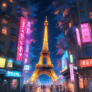 The Eiffel Tower?The Eiffel Tower overlooks the streets of Paris?Eiffel Tower renovated in 2077?The Eiffel Tower has a stronger presence than conventional objects?Eiffel Tower in the near future?Eiffel Tower at night?Eiffel Tower illuminated by neon lights?night cityscape?
