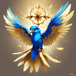 anthropomorphic Kingfisher that is the angel of protection and strength, brilliantly colored blue and gold feathers, best quality, masterpiece