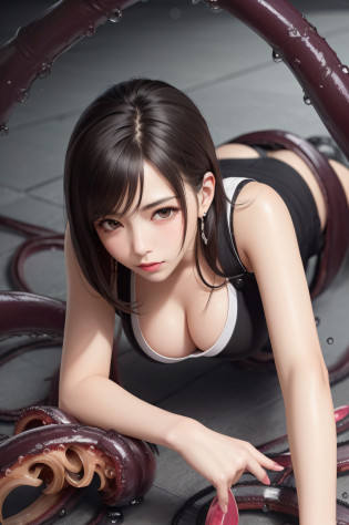 nsfw,(Top Quality, 4k, Masterpiece: 1.1), (Real: 1.4), BREAK (((FF7)))(((Tifa))),((5 monsters:1.5))(1Girl:1.2),with 5 monsters,(((BDSM:1.2))),(full body:1.2)(from side:1.2)(all fours:1.2),(A dark, barely lit torture chamber:1.3), BREAK (((FF7)))(((Tifa))),((Light Brown Hair, Large breasts: 1.2)),clothed BREAK (((FF7)))(((Tifa))),((Surrounded by tentacles:1.5, humiliated by black tentacles:1.4)), (Tied With tentacles All Over Her Body :1.4), BREAK (white collared shirt:1.2), (No Bra) (No Panties) (Small and beautiful hard nipple), clothed,(shiny oiled skin: 1.4), wet hair, about 18 years old,sensual, BREAK ((stringy viscous liquid)), BREAK ,(POV:1.3), BREAK ( with 5 monsters),(Include tentacles in mouth:1.1),be violated
