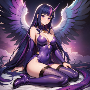 Twilight Sparkle, Twilight Sparkle from My Little Pony, Twilight Sparkle in the form of a girl, long hair, lush hair, not human, purple boots, full-length, purple wings, big angel wings purple, purple magic, a lot of magic, star nets, best quality, very detailed, ultra 8k resolution, moonlight, stars, purple dress