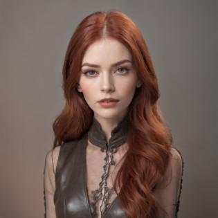 fashion photo of a beautiful woman perfect face symmetrical red hair model coppery red in brown leather vest, 